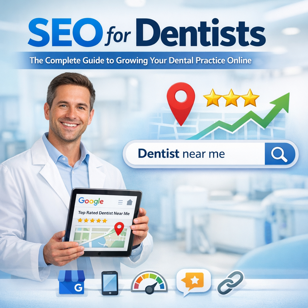 Smiling dentist holding tablet displaying top rated dentist near me search result with local SEO growth icons