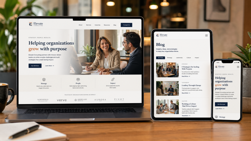 A professional business website shown across a laptop, tablet, and smartphone.