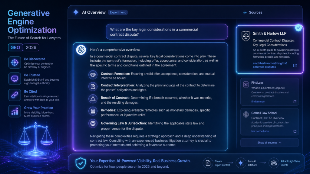 A futuristic look at how AI assistants cite law firms in 2026.