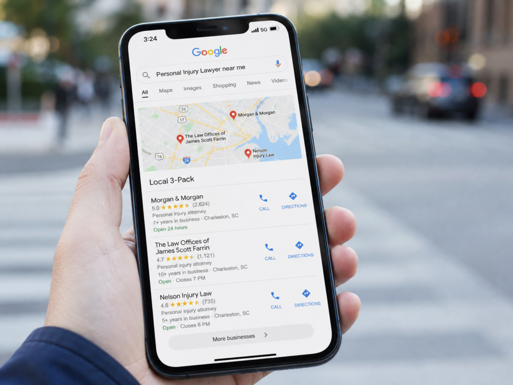 A realistic visualization of a law firm appearing in the Google "Local 3-Pack" on a smartphone.