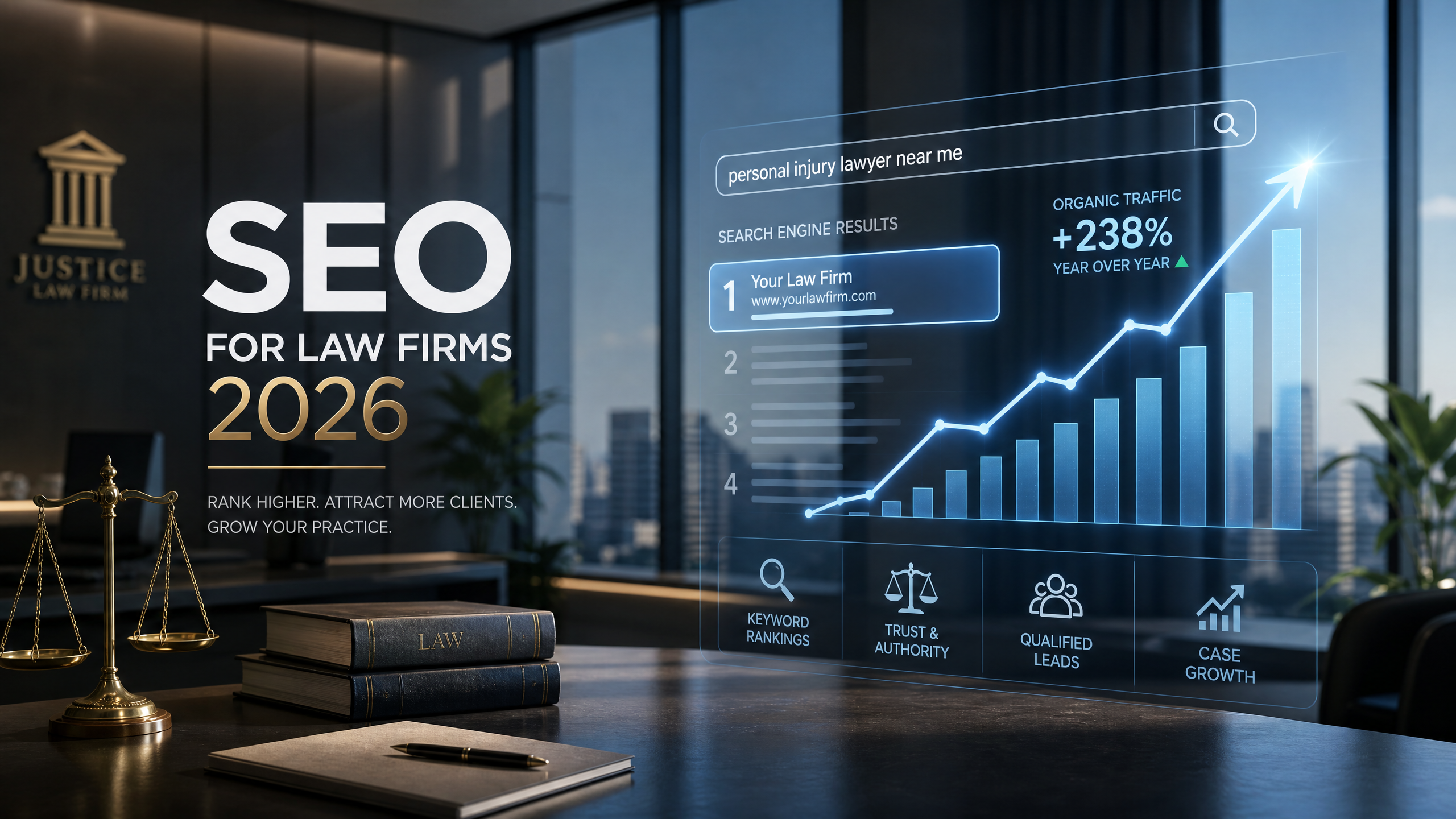 A cinematic representation of SEO success for law firms, featuring search growth graphs in a modern office setting.