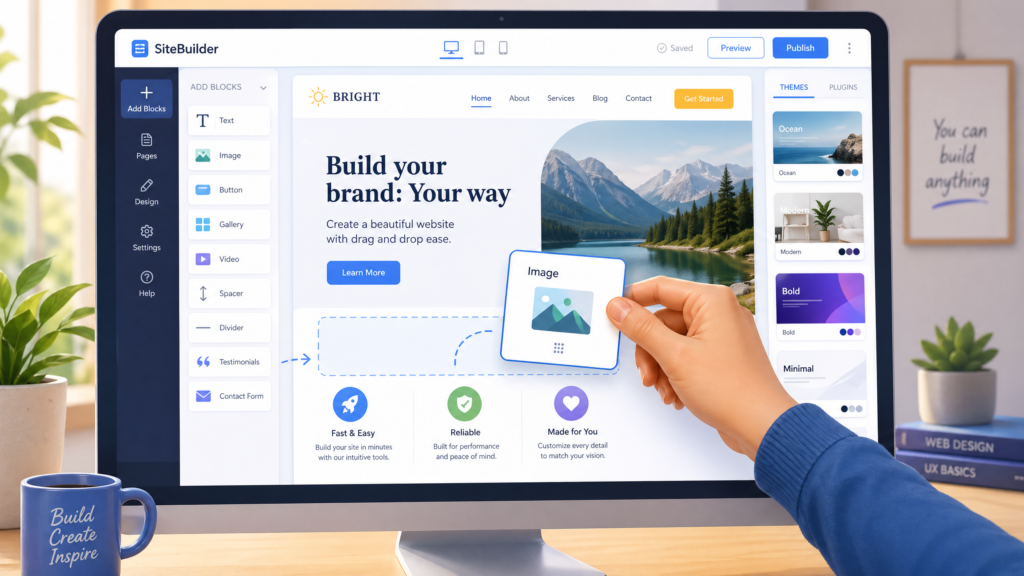 A friendly "drag and drop" interface illustration showing a website builder.