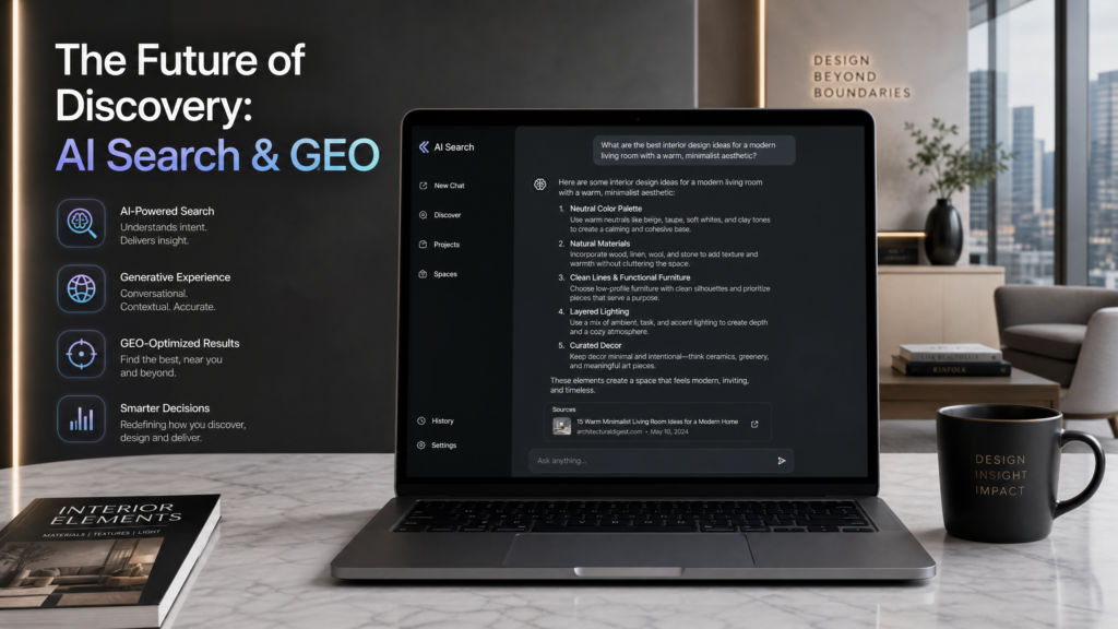 A modern office setting showing an AI chat interface recommending design services.