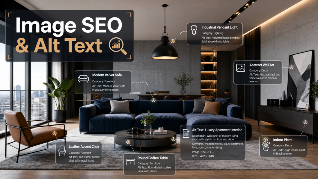 A conceptual living room scene with digital tags representing metadata and alt text.
