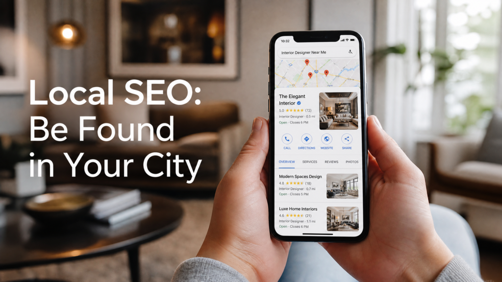 A lifestyle shot showing a Google Maps search for interior designers on a smartphone.