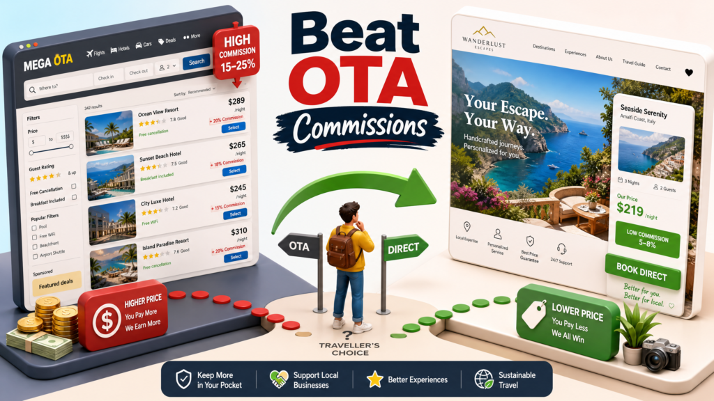 A 3D isometric illustration comparing cluttered OTA sites with clean, personalized direct booking pages.