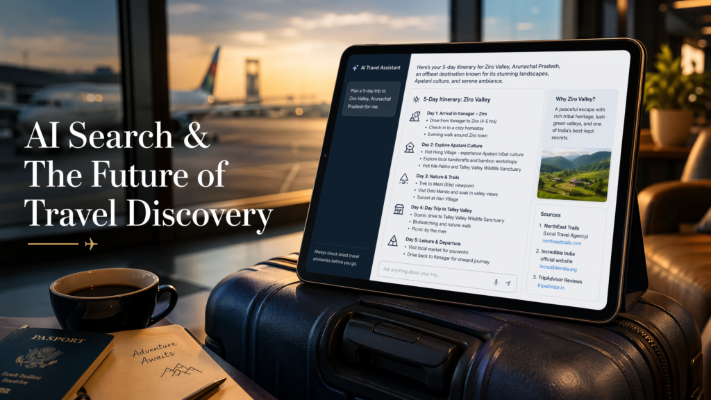 A tablet in an airport lounge showing an AI-generated travel itinerary with local citations.