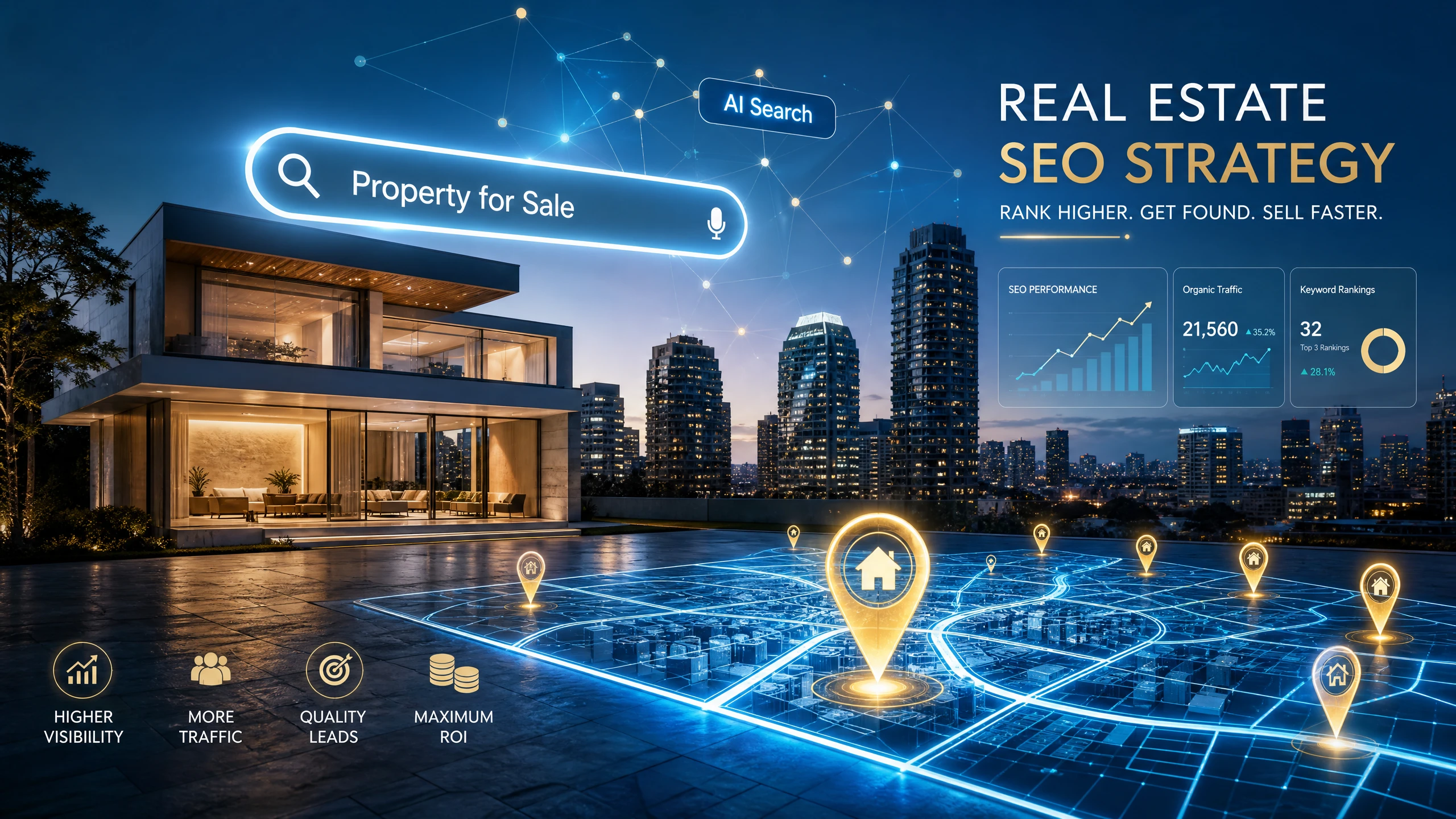 The image visually represents the intersection of real estate and modern SEO, featuring a luxury home integrated with digital search elements, maps, and growth analytics.