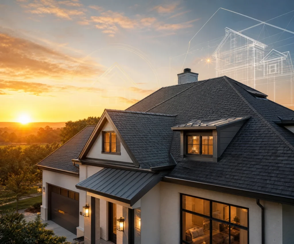 The image features a modern house with a high-quality roof under a cinematic sunset