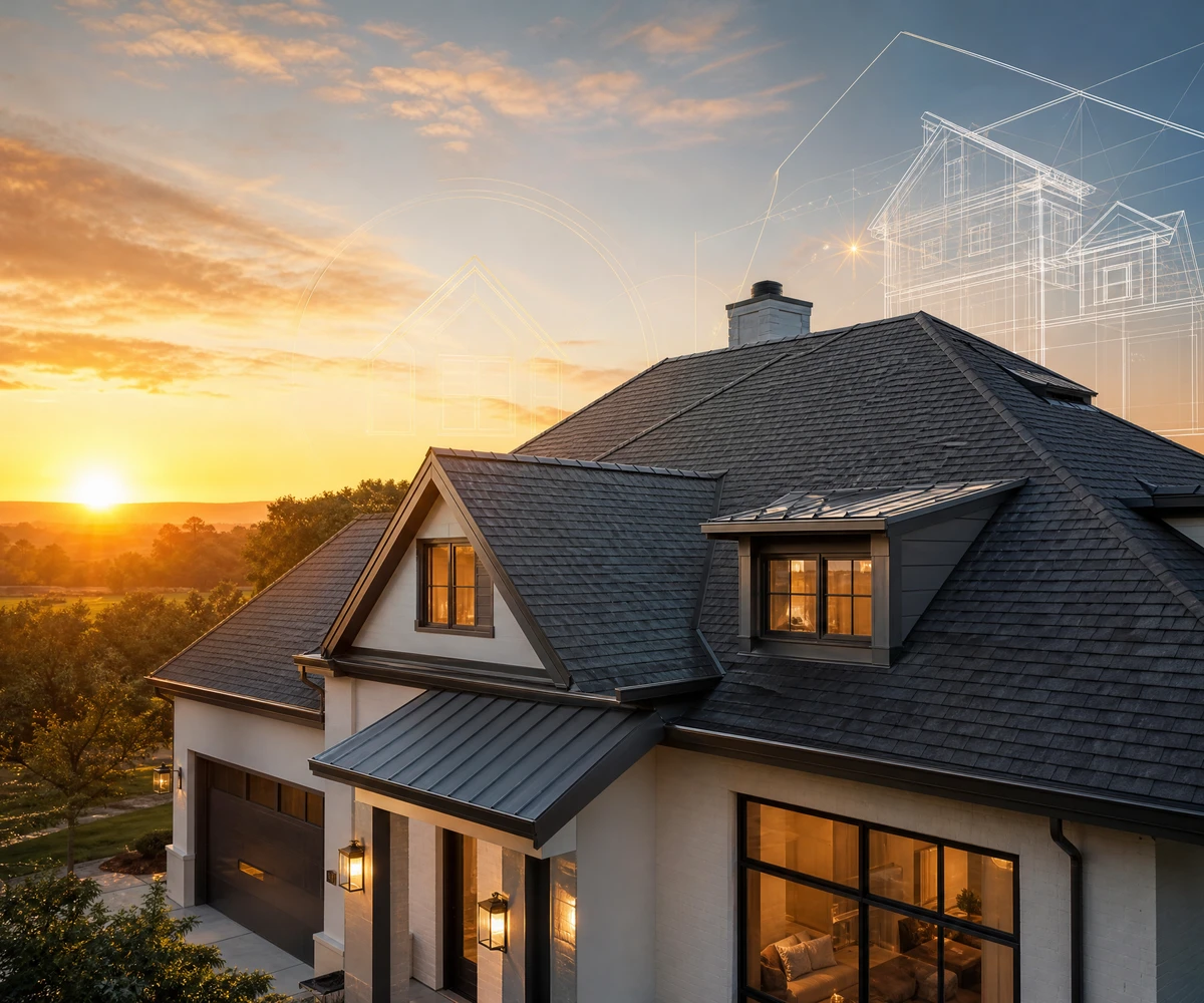 The image features a modern house with a high-quality roof under a cinematic sunset