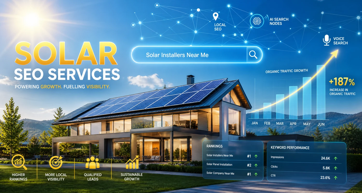 The image reflects the clean energy and high-tech SEO theme, featuring a modern home with solar panels integrated with digital growth metrics and search elements.