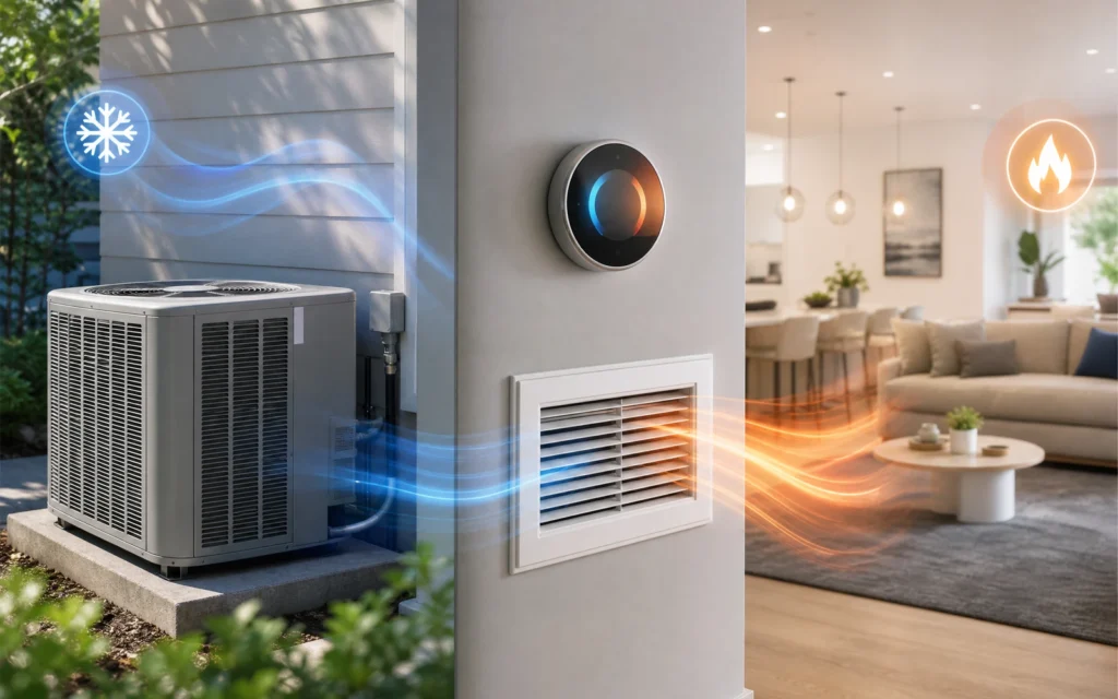The image illustrates modern heating, ventilation, and air conditioning systems in a clean residential setting